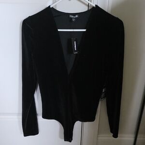 Express Deep V Velvet Black Bodysuit
